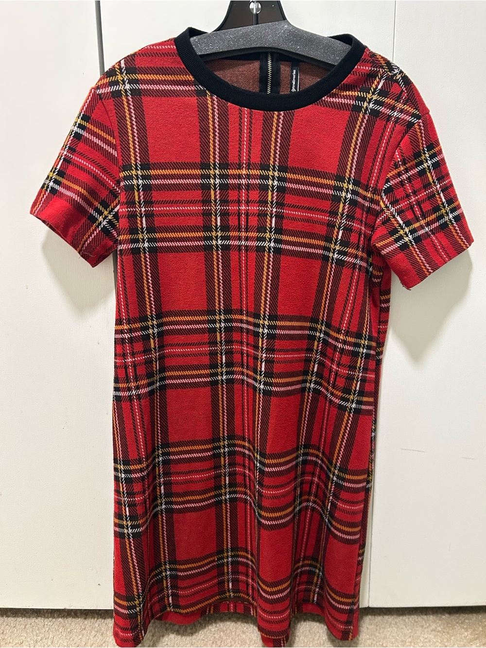 stradivarius Red Plaid Mini Dress with Black Trim